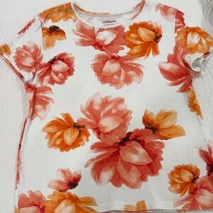 Croft & Barrow White Short Sleeve Tee with Orange & Coral Floral Pattern